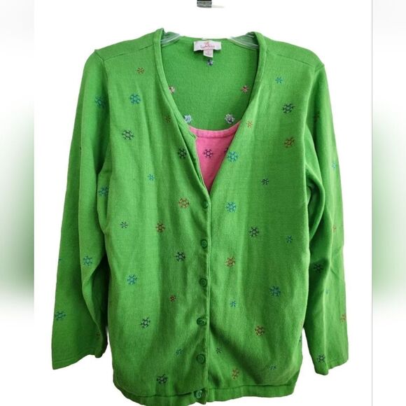 Quacker Factory Womens Green Pink 2 Piece Cardigan Sweater Snowflake Size M - Picture 1 of 4